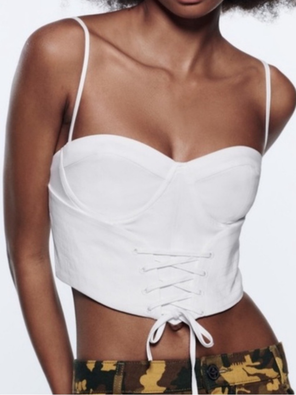 Zara White Lace-Up Bustier Crop Top Cottagecore Streetwear- M